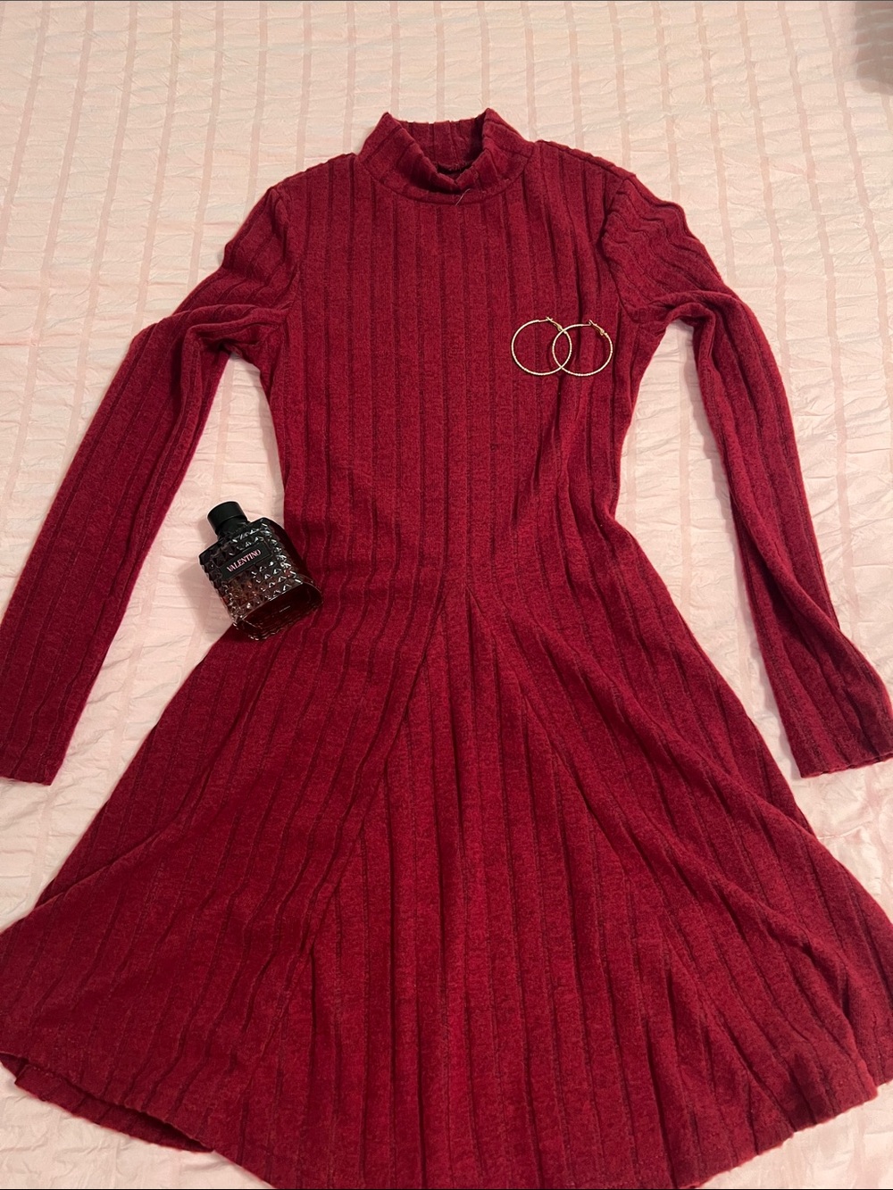 SHEIN Long Sleeve Ribbed Mock Neck Dress in Burgundy